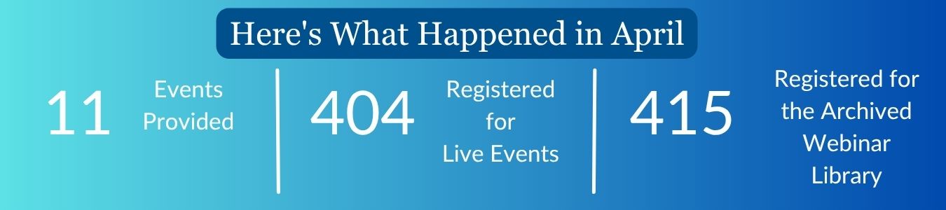 Here's what happened in April: 11 Events Provided; 404 Registered for Live Events; 415 Registered for Archived Webinar Library.
