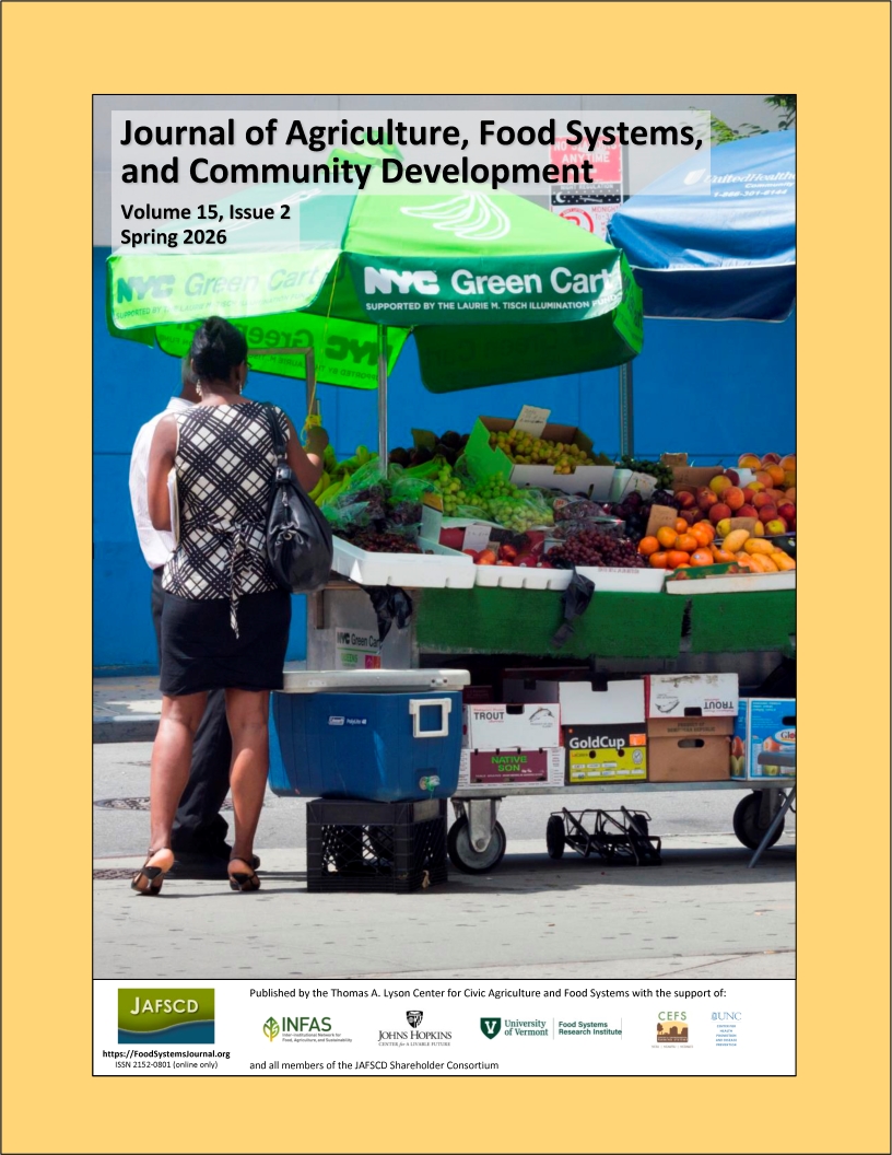 Cover of the spring 2026 issue of JAFSCD is a photo of a NYC Green Cart with a customer and the vendor.