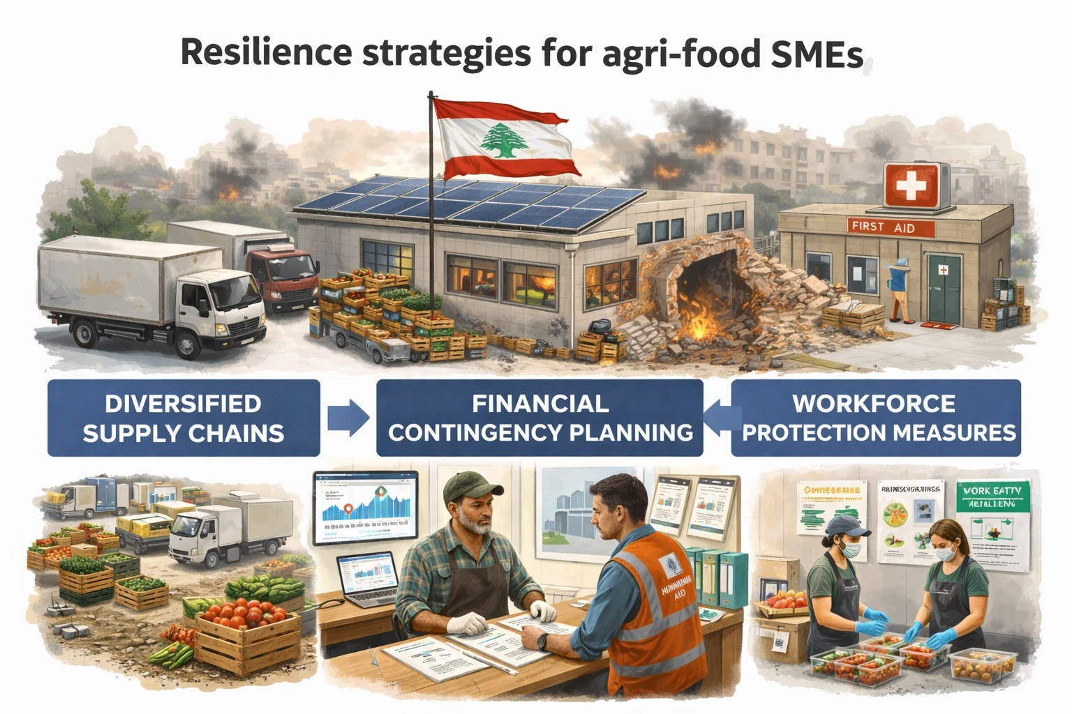 A conceptual illustration of resilience strategies for agri-food small and medium enterprises (SMEs) in Lebanon during crisis.
