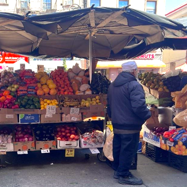 Photo of a Green Cart in New York displaying its wares, with the vendor's back to the photographer.