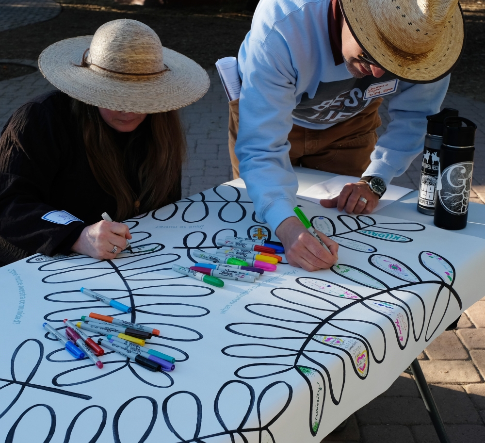 Photo At a free, public event in May 2024 hosted by an art museum in Tucson, Arizona, study participants were asked to draw in response to two prompts about nourishment on a shared canvas: (1) What nourishes you? (2) What nourishes our community? Photo provided by the authors.